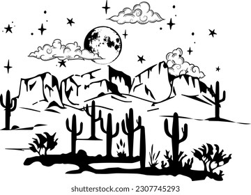 Desert Landscape Drawing with Cactus, Desert Mountain, Moon, Stars and Clouds. Desert Graphic Design.