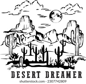 Desert Landscape Drawing. Desert Dreamer Vector Illustration with Cactus and Desert Mountain.