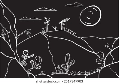 Desenho de paisagem do deserto com cactos, rochas e uma casa em uma colina com moinho de vento