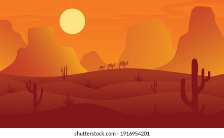 Desert landscape with dunes and cacti, vector nature horizontal background, vector illustration.