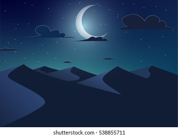 Desert landscape. Dunes with crescent moon .Vector cartoon illustration