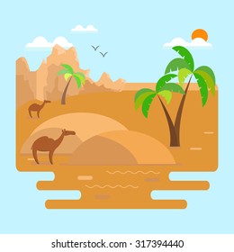 Desert landscape with dunes, palm trees and camels with mountains in the background.Vector illustration in flat style.