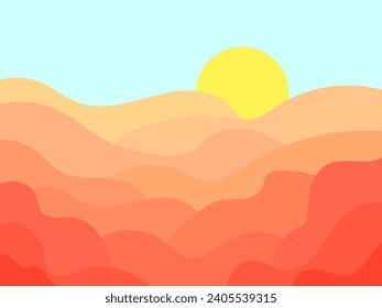 Desert landscape with dunes and sun in a minimalist style. Desert wavy landscape with sun. Design for printing banners, posters, book covers. Vector illustration