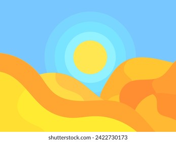 Desert landscape with dunes and sun in a minimalist style. Desert wavy landscape with sun. Design for printing banners, posters, book covers. Vector illustration