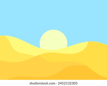 Desert landscape with dunes and sun in a minimalist style. Desert wavy landscape with sun. Design for printing banners, posters, book covers. Vector illustration
