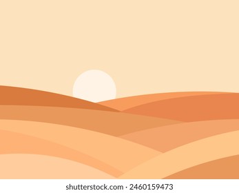 Desert landscape with dunes and sun in a minimalist style. Desert wavy landscape with sun. Design for printing banners, posters, book covers. Vector illustration