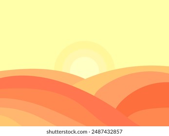 Desert landscape with dunes and sun in a minimalist style. Desert wavy landscape with sun. Design for printing banners, posters, book covers. Vector illustration