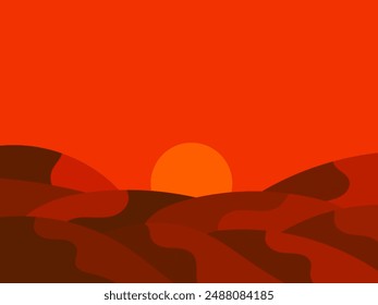 Desert landscape with dunes and sun in a minimalist style. Desert wavy landscape with sun. Design for printing banners, posters, book covers. Vector illustration