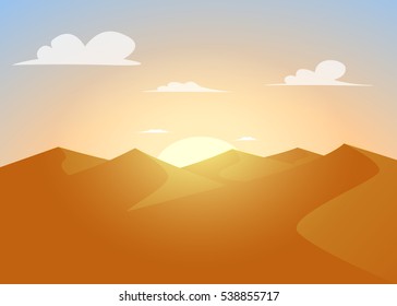 Desert landscape. Dunes with sunset.Vector cartoon illustration