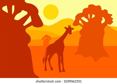 Desert landscape with eagle, cactus and sun. Wild west. Vector
