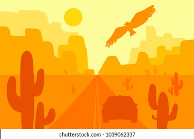 Desert landscape with eagle, cactus and sun. Wild west. Vector