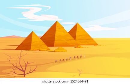 Wüstenlandschaft mit egyptischen Pyramiden und Kamelkarawane, Cartoon-Vektorillustration-Illustration. Heiße, goldene Sanddünen mit Pyramiden am Horizont und Bettwäsche mit Kamelen. Wüstenbanner