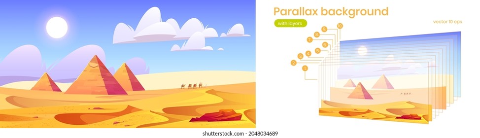 Desert landscape with Egyptian pyramids and camels on sand dunes. Parallax background with layers for animation scrolling effect. Vector cartoon illustration of desert with pharaoh tombs and caravan