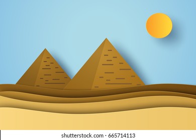 Desert landscape with Egyptian pyramids , paper art style