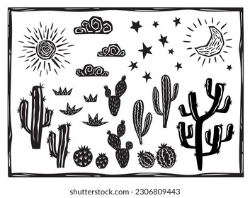 Desert landscape elements. Cacti, succulents, sun, moon and stars. Woodcut vector in Brazilian cordel style