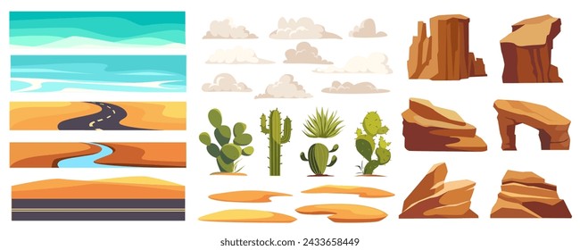 Desert landscape elements constructor mega set in flat graphic design. Creator kit with sandy spaces and sky, roads, dunes, clouds, green actus, rock mountains, dry climate. Vector illustration.