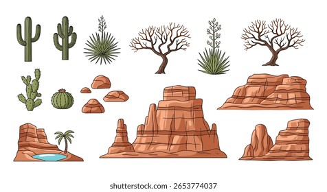 Elementos paisagísticos do deserto com formações rochosas de mesas de cactos e vegetação esparsa e oásis