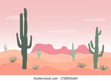 Desert landscape flat design. Desert with cactus horizontal banner. Vector illustration.