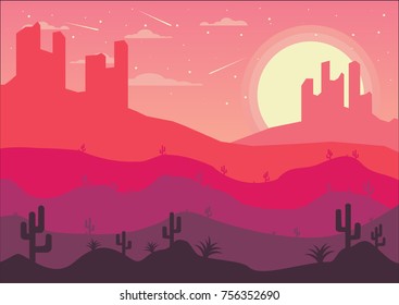 desert landscape flat design with cactus, hills and mountains silhouettes, vector nature horizontal background