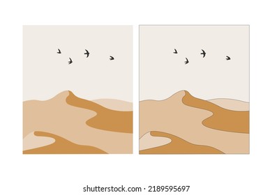 Desert landscape in flat design and line colored design. Desert dunes, Sahara. Hand-drawn dunes with sun, birds and sand.