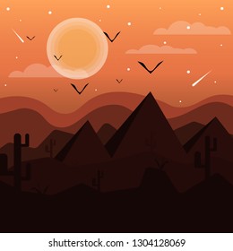 Desert Landscape Flat Design. The power of sunset or sunrise in the desert. Pyramids at sunset. Simple multicolored texture. Vector illustration. 
