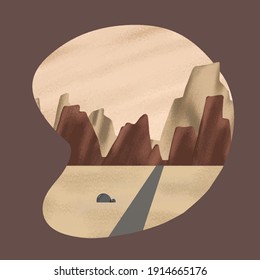 Desert Landscape Flat Illustration with Brown Background