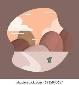 Desert Landscape Flat Illustration with Brown Background