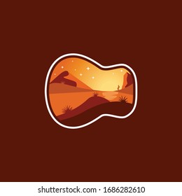 The desert landscape flat illustration on guitar frame logo design badge 
