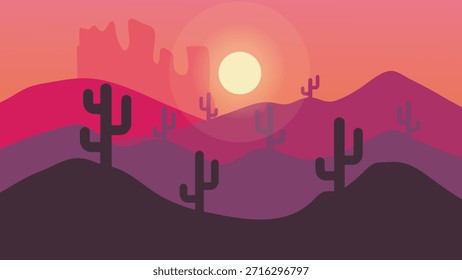 Desert Landscape Flat Illustration Sunset Sunrise Cactus Silhouette Mountains. Vector Background