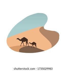 Wüstenlandschaft flache Szene mit Sand und Kamelen Vektorgrafik