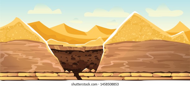 Desert landscape with golden sand dunes and dug pit in soil, cartoon vector illustration. Archeological excavations, treasures hunting concept. Empty space
