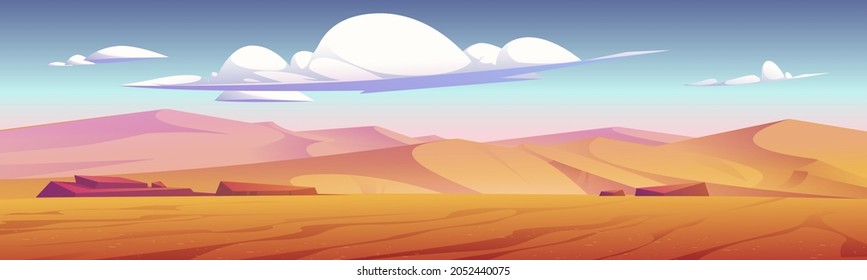 Desert landscape with golden sand dunes and stones under blue cloudy sky. Hot dry deserted african or mexican nature background with yellow sandy hills parallax scene, Cartoon vector illustration