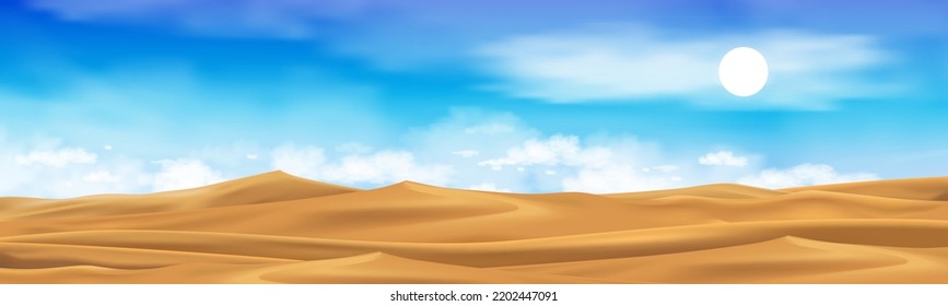 Desert landscape with golden sand dunes with fluffy clouds blue sky. Vector cartoon hot dry deserted. Horizon beautiful nature background with yellow sandy hills parallax scene in hot sunny day summer svg