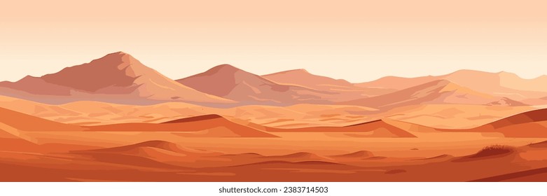 Desert landscape with golden sand dunes, orange sky, hot dry deserted, sandy vector illustration background