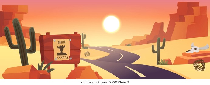 Desert landscape with golden sand dunes, mountains, cactus, wanted ad on wood board, road. Cartoon vector illustration of hot sun and dry deserted African nature background with highway. Wild West