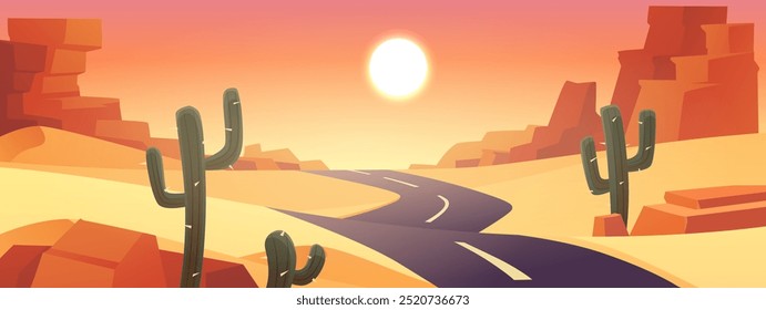 Desert landscape with golden sand dunes, mountains, cactus plant and road. Cartoon vector flat illustration of hot sun and wild dry deserted African nature background with highway