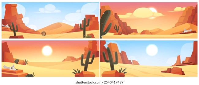 Desert landscape with golden sand dunes, mountains, cactus plant and animal skull. Cartoon vector flat illustrations set of hot sun and wild dry deserted African nature background