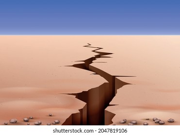 Desert landscape ground cracks realistic composition with outdoor scenery clear sky and view of earth rift vector illustration