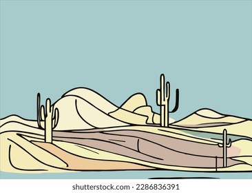 Desert landscape hand drawn. Desert area, sandy terrain. Vector illustration.