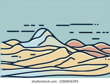 Desert landscape hand drawn. Desert area, sandy terrain. Vector illustration.