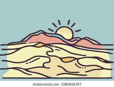 Desert landscape hand drawn. Desert area, sandy terrain. Vector illustration.