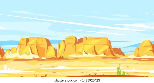 Desert landscape with high rocky canyon in the distance in sunny day landscape game background tillable horizontally, arid deserted place without water, wild west concept scenery background.