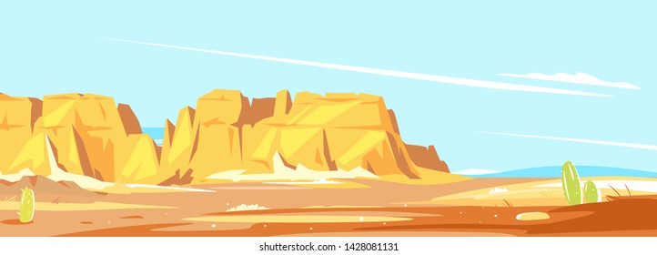 Desert landscape with high rocky canyon in the distance in sunny day, arid deserted place without water, wild west concept scenery background