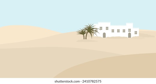 Wüstenlandschaft des Hügellandes. Horizontale, ruhige Naturlandschaft mit Sanddünen, blauem Himmel, weißem Haus und grünen Palmen. Oase in der Wüste. Flaches Illustrationsstil.