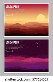 Desert Landscape Horizontal Banners With Sand Dunes At Sunset And Night Time Vector Illustration