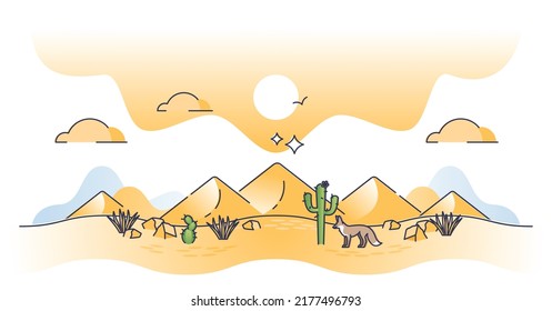 Desert landscape with hot and dry climate location scenery outline concept. Panorama with sand and rock mountains and rough habitat for flora or fauna vector illustration. Sahara or Africa weather.