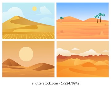 Desert landscape. Hot sunrise and sunset, palm trees in sand, dry blue sky, sandy quarries of Sahara desert, beautiful red-orange color of horizontal landscape. Vector illustration in flat style.