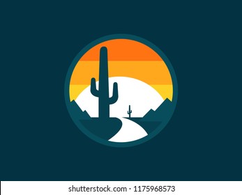 Desert landscape icon circle with cactus, dune and mountain. Vector flat illustration.