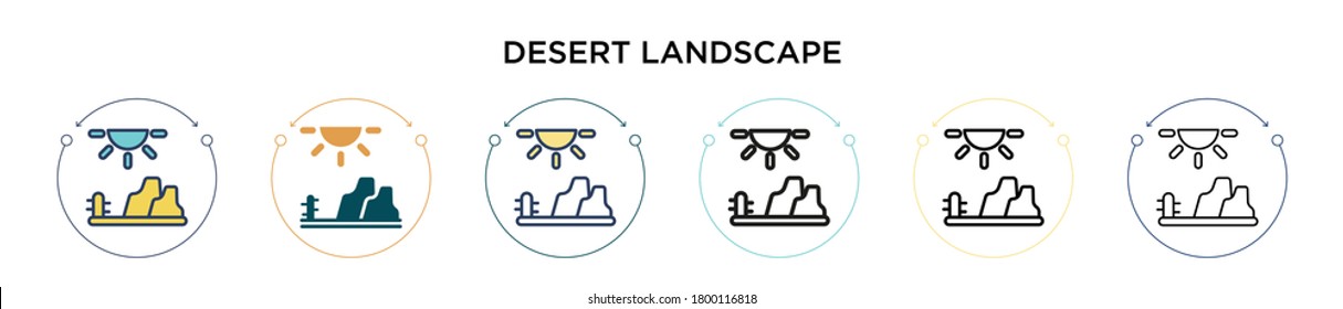 Icono de paisaje desierto en el estilo relleno, delgado, contorno y trazo. Ilustración vectorial de dos diseños de iconos vectoriales del desierto de color y negro se pueden utilizar para móviles, ui, web