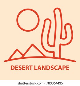 Desert landscape icon in linear style. Desert landscape with pyramids and cactus banner template. Vector illustration.